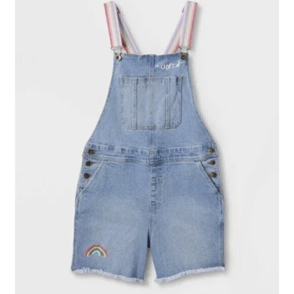 Take Pride Adult Gender Rainbow Denim Shortalls Jumpsuit Large Denim Overalls - Picture 2 of 16
